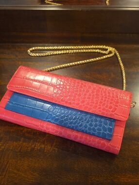 Pink and Blue Croc-Embossed Chain Crossbody Bag